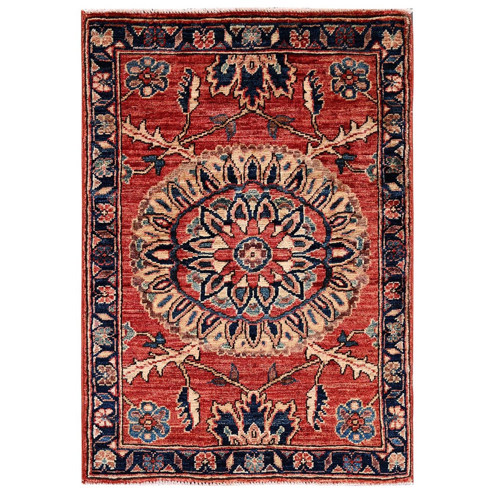 2’x2’10” Red Northwest Zoroastrian Flower Design Soft Wool Hand Knotted Mat Rug