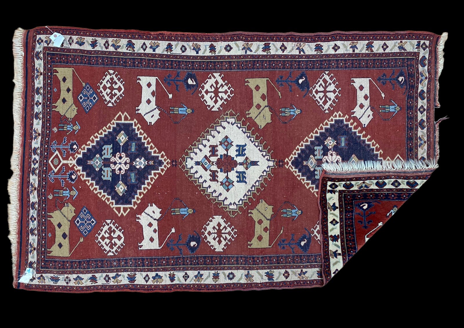 Museum Piece Vintage Animal Man Pictorial Vegetable Dye Kurdi Area Rug Wool 4×6
