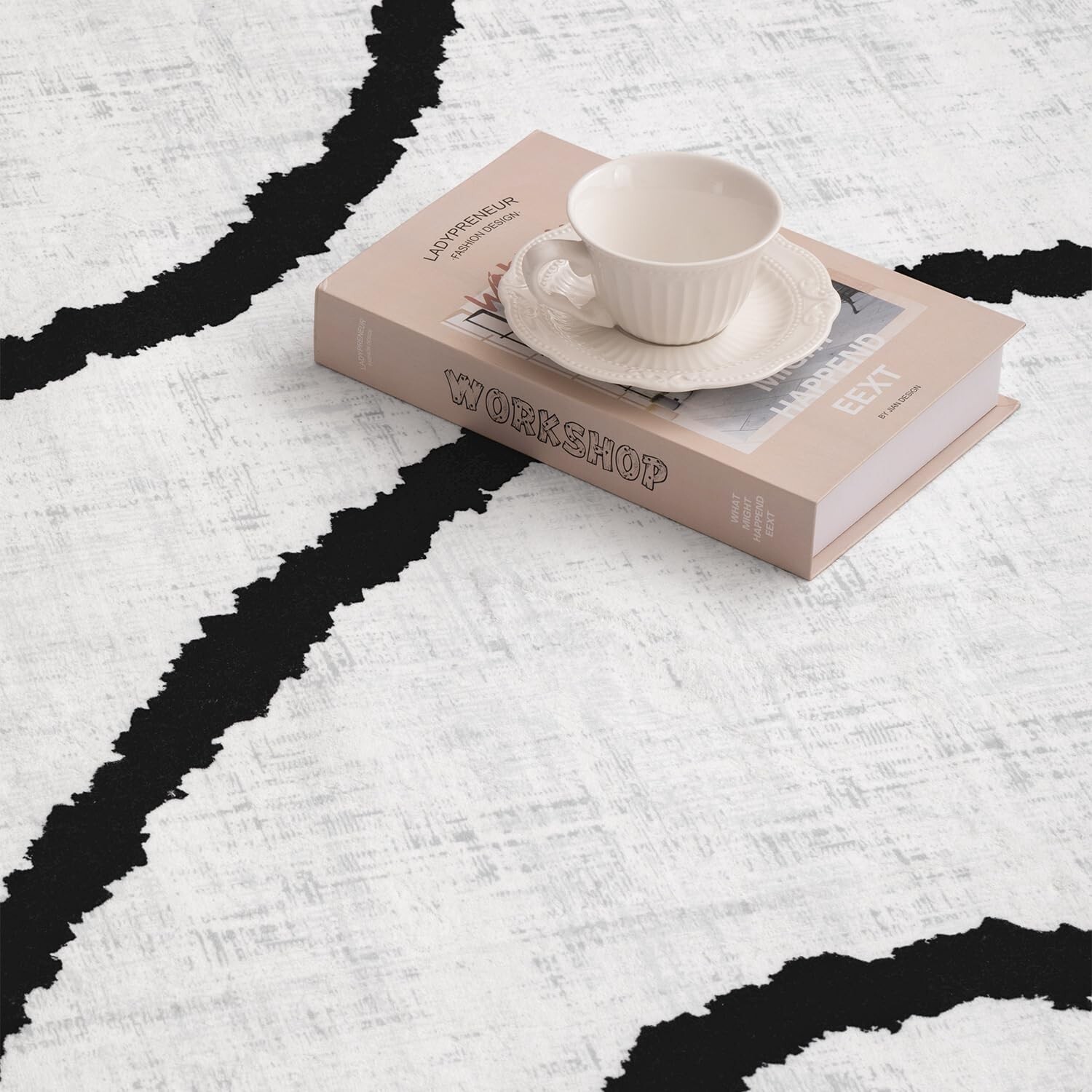YIHOUSE Modern Abstract Area Rug, Black and White Rug, Thin Wave Minimalist S…