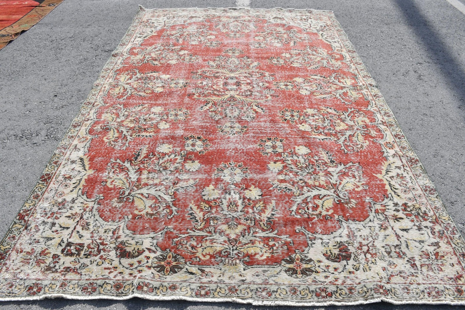 Turkish Rug 68,9×10,7 ft (2099×326 cm), Red Floral Vintage Rug
