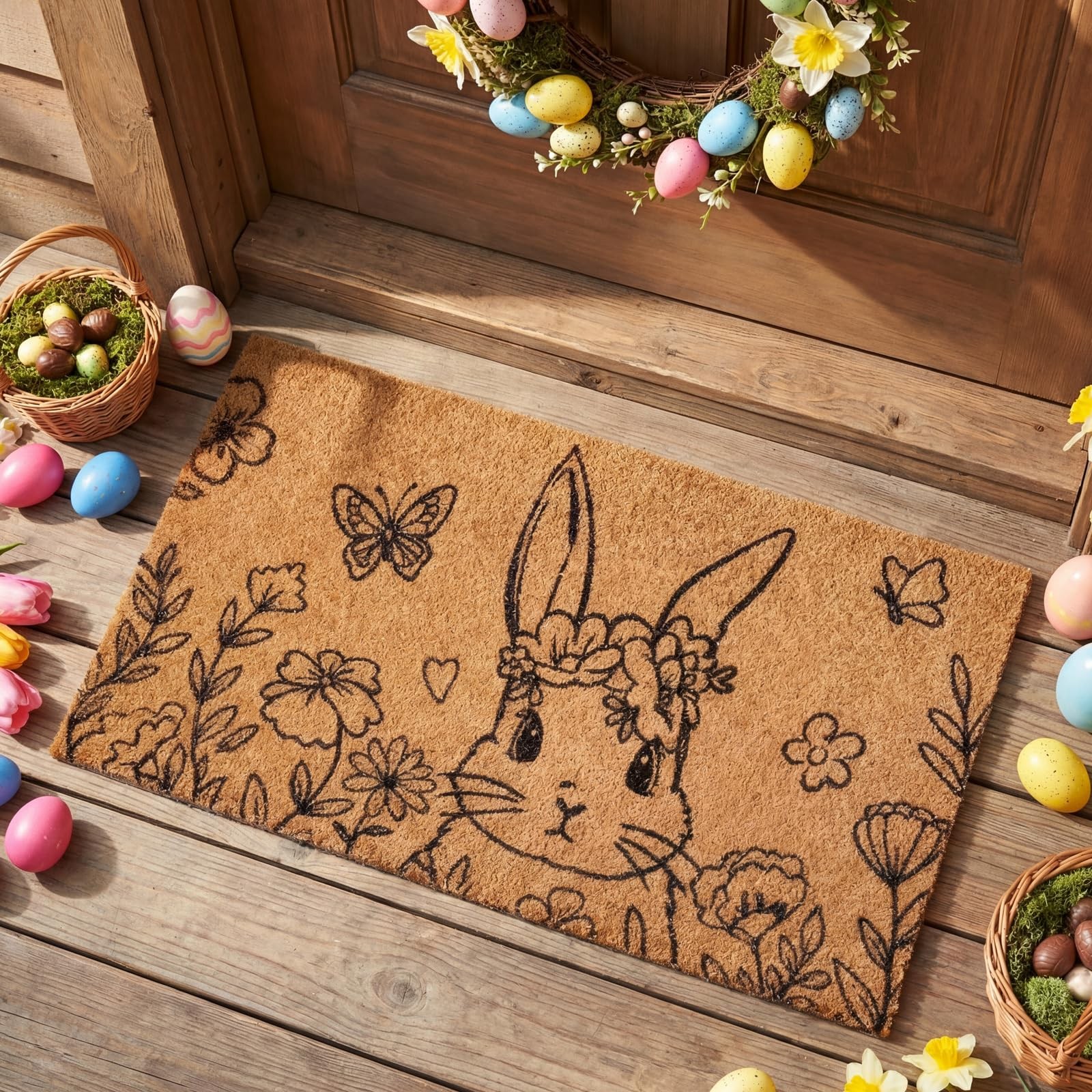 Easter Bunny Coir Doormat Outdoor Easter Welcome Door Mat Spring Floral Bunny…