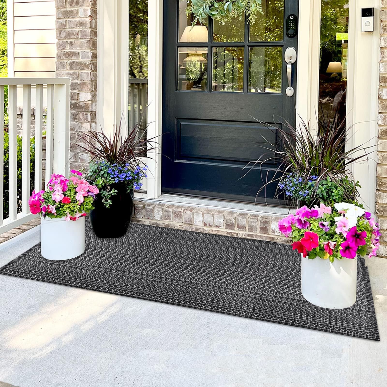 Front Porch Rug Black Boho Outdoor Rug 23.6″ x 51.2″ Door Mat Cotton Hand Wov