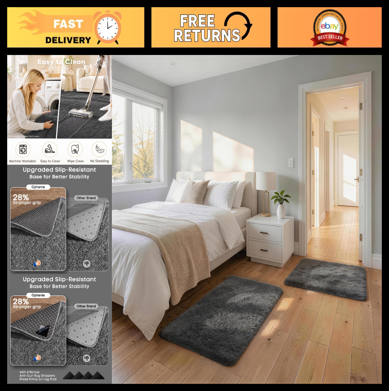 Washable Non-Slip Small Rugs 2×3 ft – Fluffy Soft Bedroom & Entryway Mats, 2 Pac