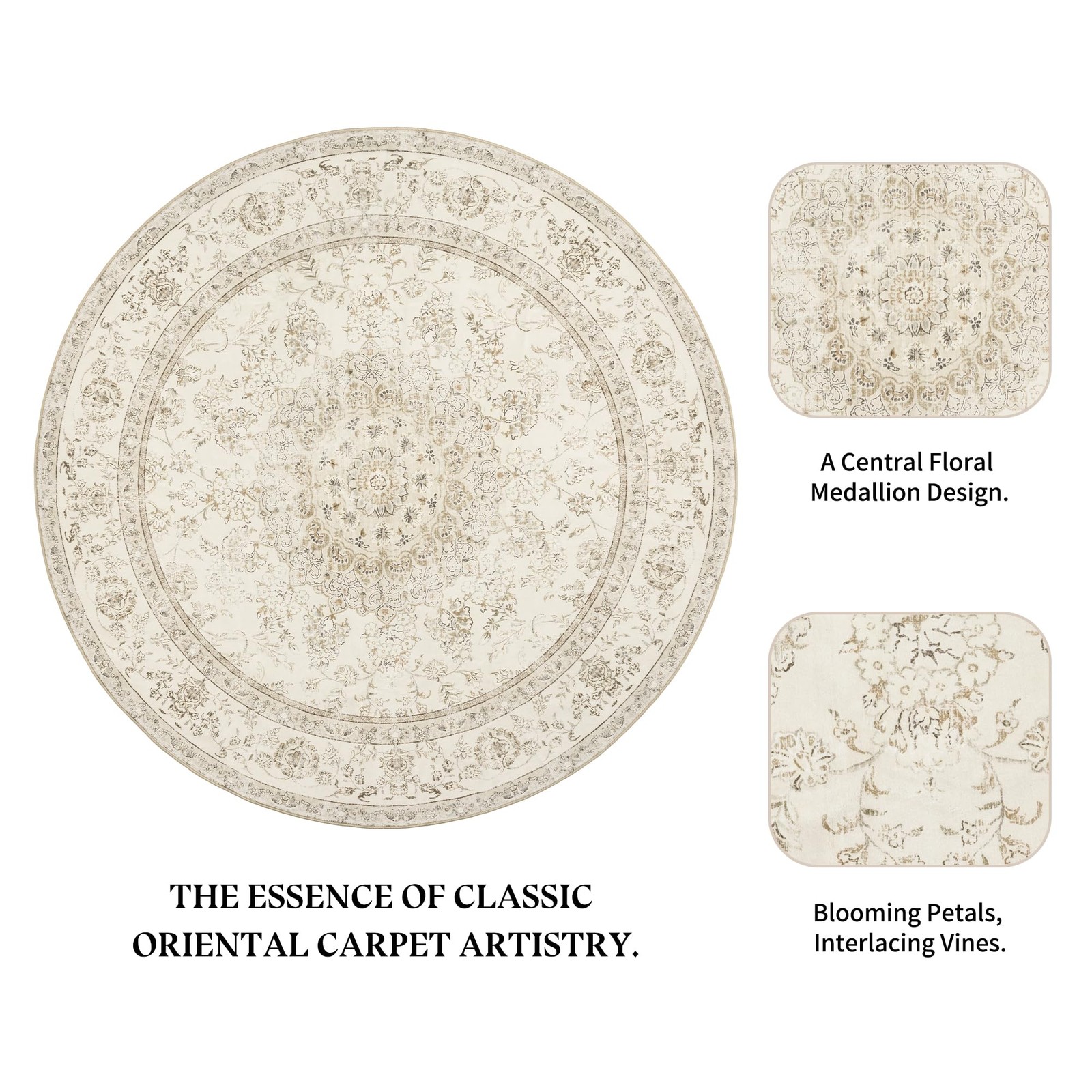 Luxcrest 5Ft Round Rug Cream Boho Washable Area Rugs For Living Room Bedroom