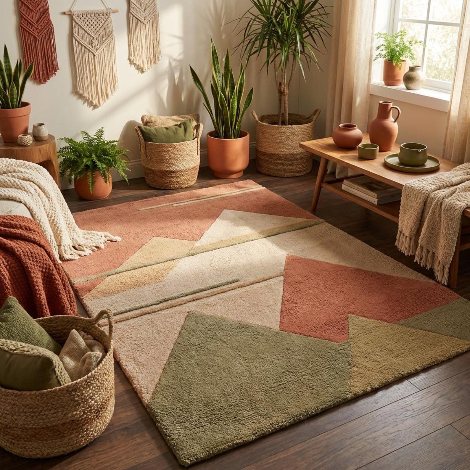 Abstract Landscape Rug 3D Textured Peaks Terracotta Cream Green Modern Rug 5×7