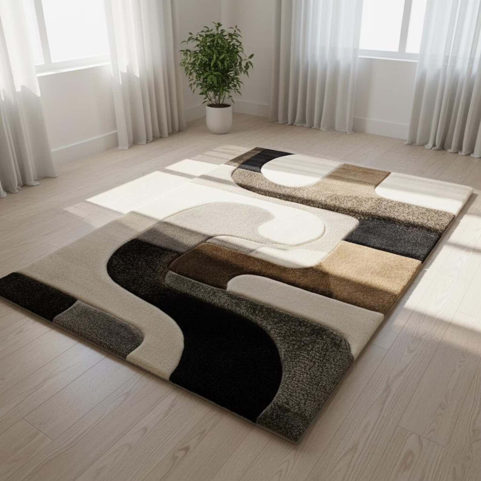 Hand Tufted Wool Rug: Abstract Geometric Ivory & Black Area For Living Room Rugs