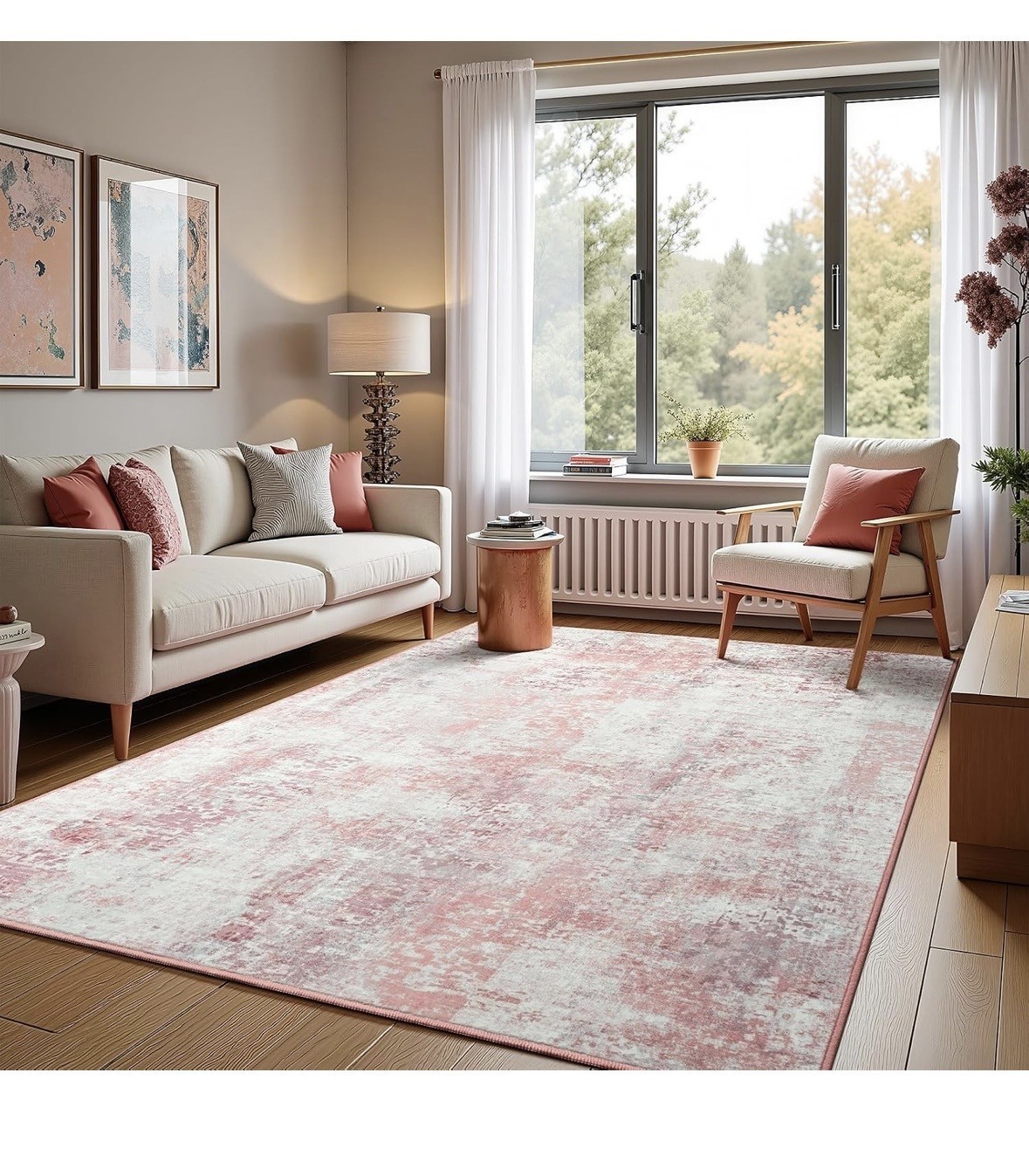Pink/White Abstract 5×7 ft Area Rug, Machine Washable Non-Slip, Polyester