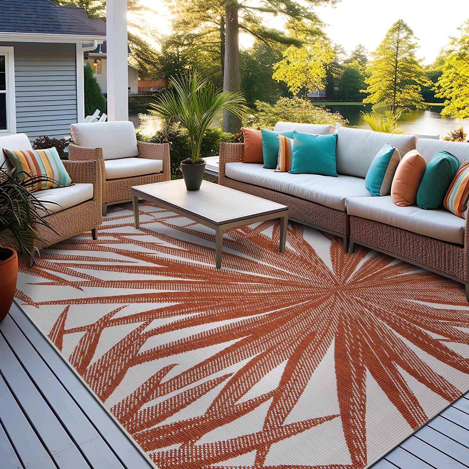 Rugshop Outdoor Carpet Rug Tropical Leaves Reversible Indoor Outdoor Rugs 5×7