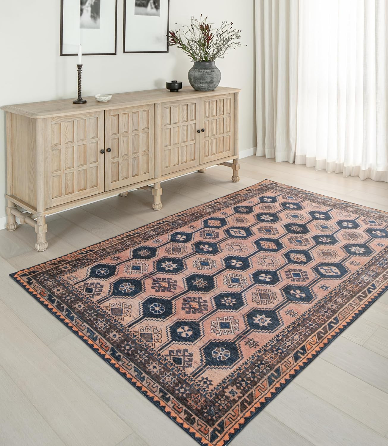 Blush Pink & Navy 5′ x 8′ Area Rug – Easy Clean, Pet & Kid Friendly