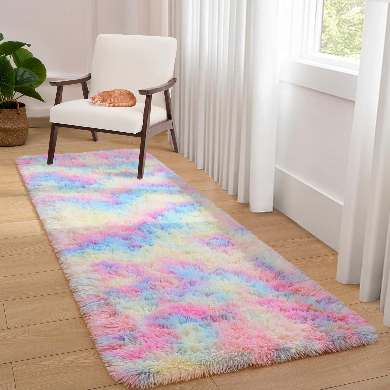 Area Rug for Bedroom, Fluffy Shag Plush Tie Dyed Rainbow Rugs for Living Room…