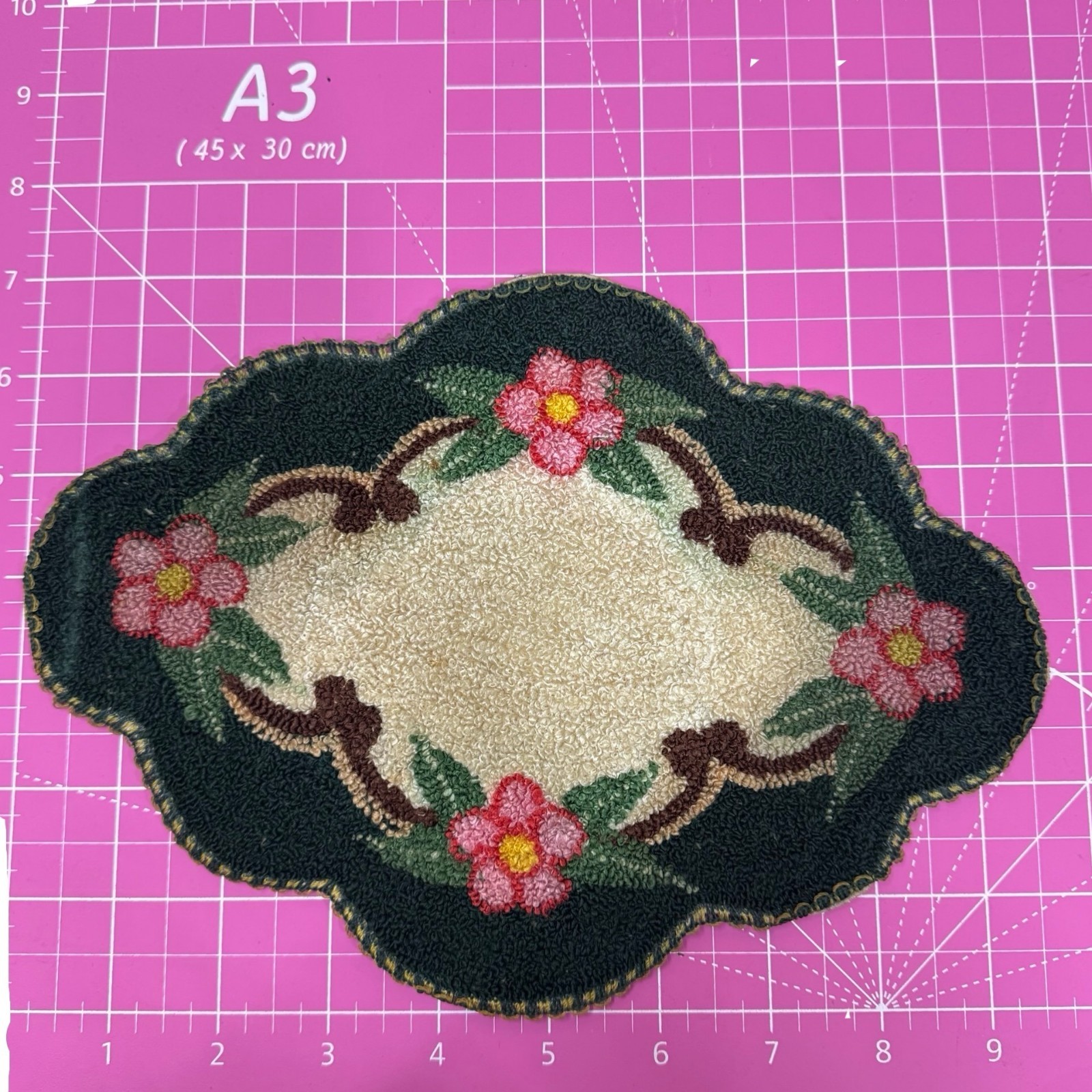 Vintage Dollhouse Dining Room Rug Handmade Floral Embroidered Victorian 9.5 X 7