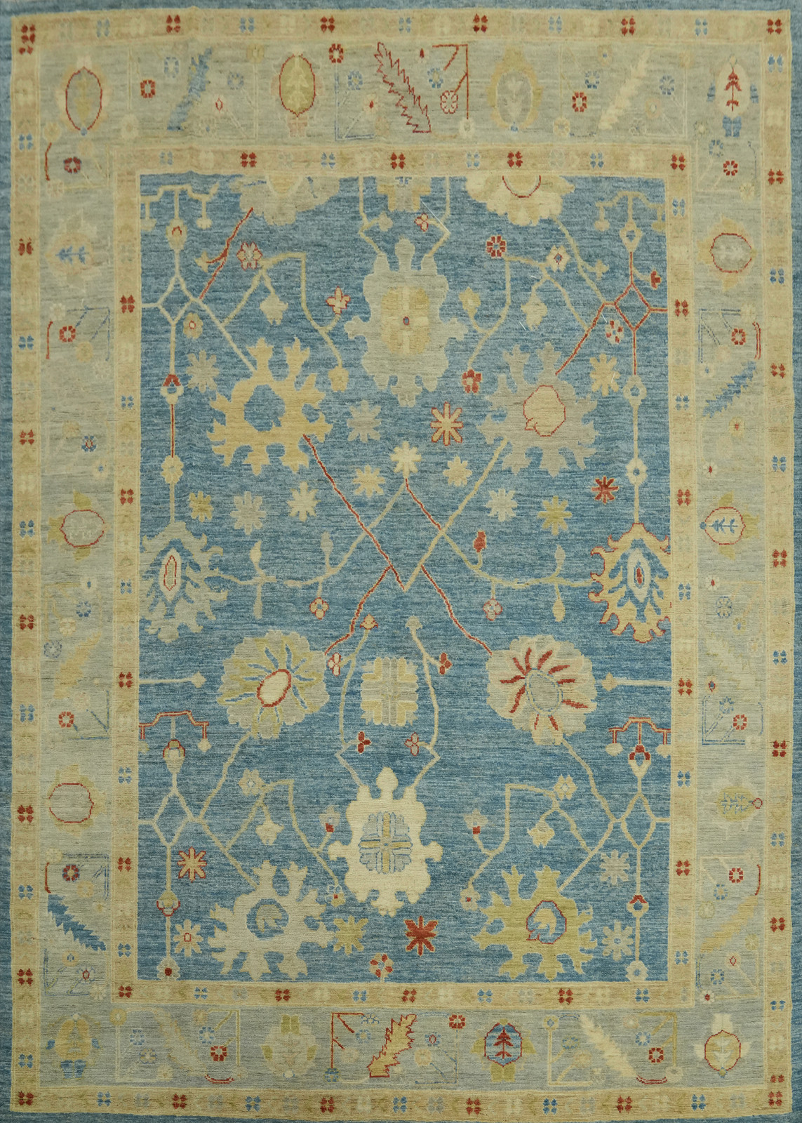 Vegetable Dye Blue Floral Oushak Turkish Living Room Rug 8×10 ft Handmade Wool