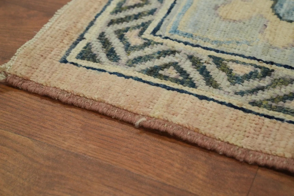 Hand Knotted Oushak Wool Rug Antique Turkish Style Peach Blue Pastel Area Carpet