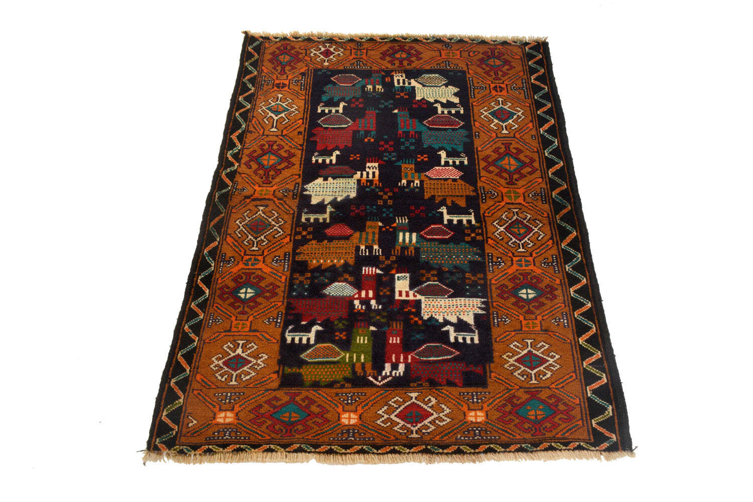 3×4′ Pictorial Tribal Wool Handmade Rug Primitive Dogs #P971