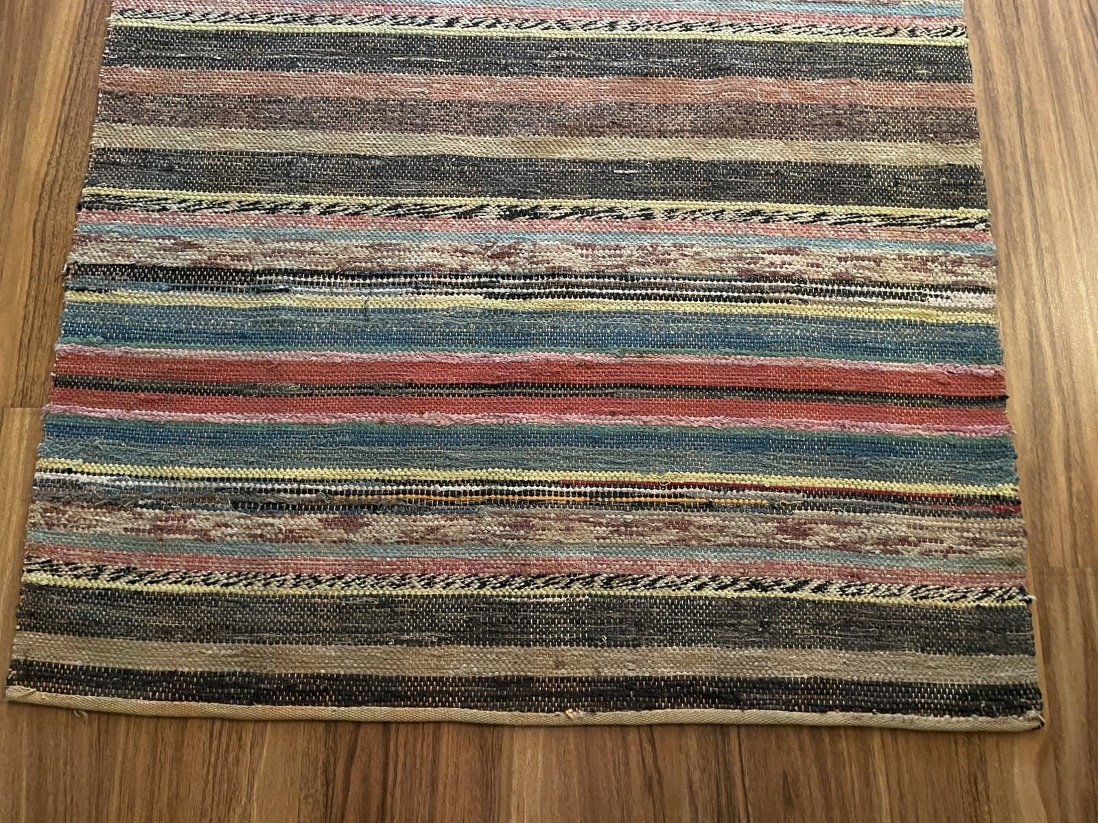 VTG Handmade Woven MCM Rag Rug 89×31 Farmhouse Country Blue Red Black Brown