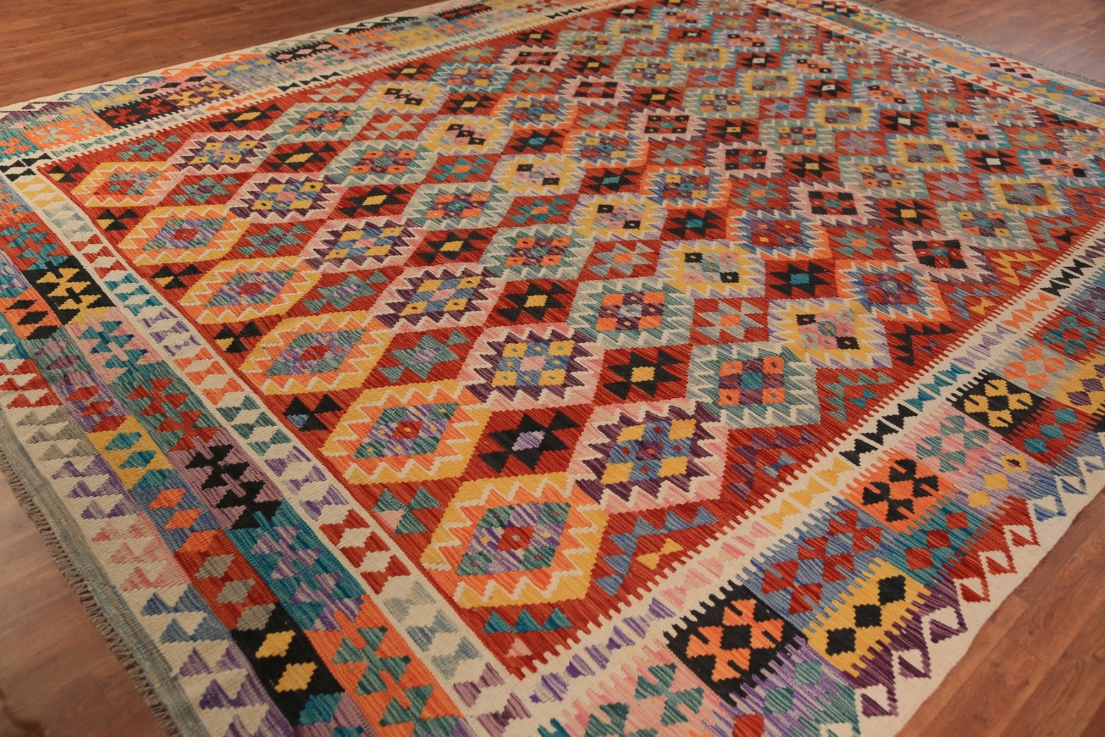 Geometric Kilim Rugs Rectangle Flatweave Pile Wool Kelim Carpets 10×13 ft