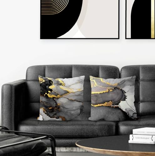 Black Grey and Gold Marble Texture Pillow 22″ x 22″ (Pack of 2) Grey Gold