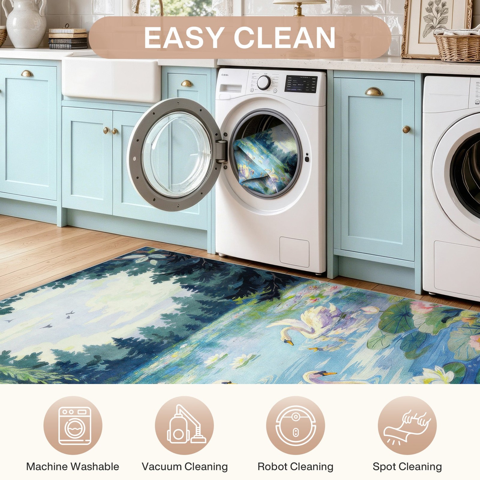 3×5/5×7 Swan Lake in oil painting style Area Rugs, Washable Soft Non Slip Carpet