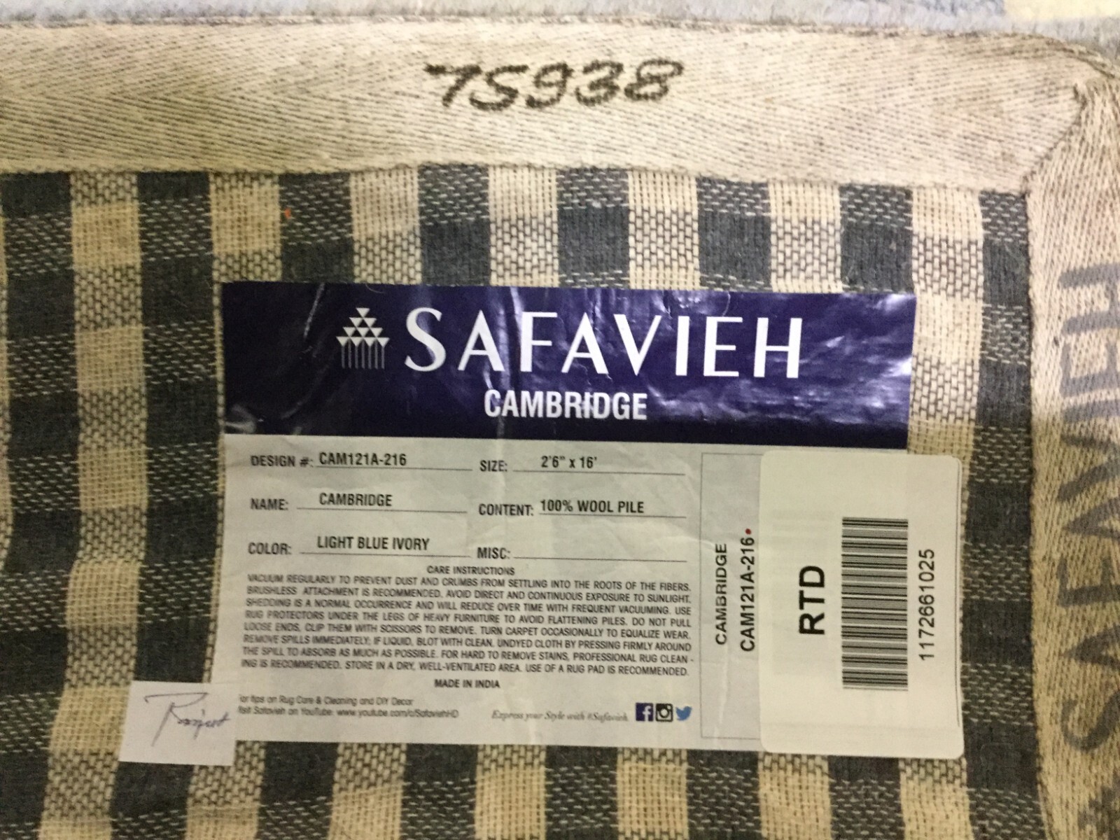 LT BLUE / IVORY 2′-6″ X 16′ Back Stain Rug, Reduced Price 1172661025 CAM121A-216