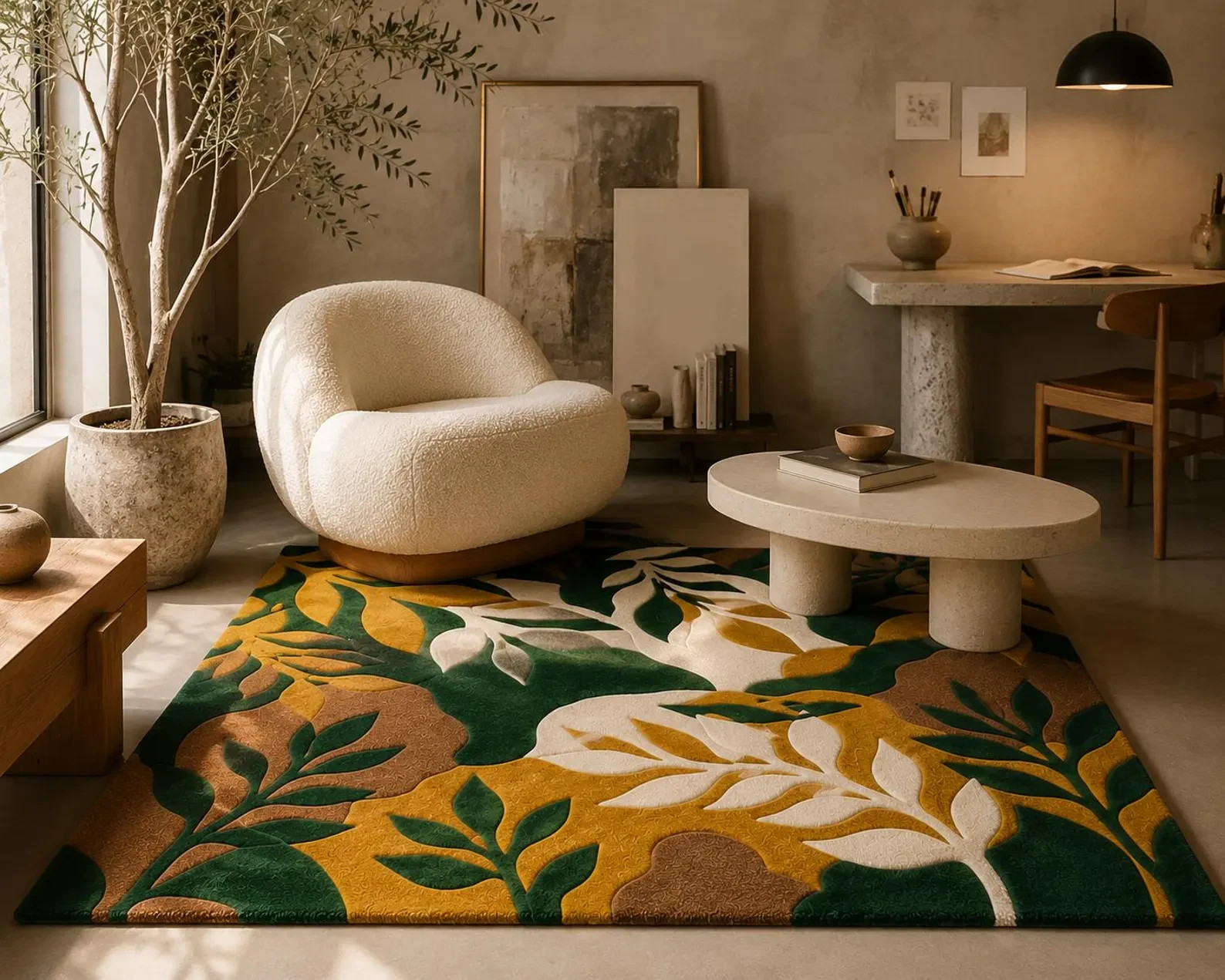 Hand Tufted Wool Botanical Leaf Rug, Modern Tropical Nature Carpet, Living Room