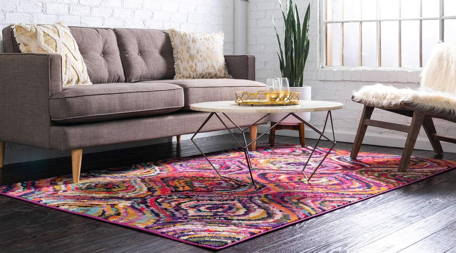 Vibrant Estrella Modern Geometric Area Rug 5×8 Ft in Multi/Pink