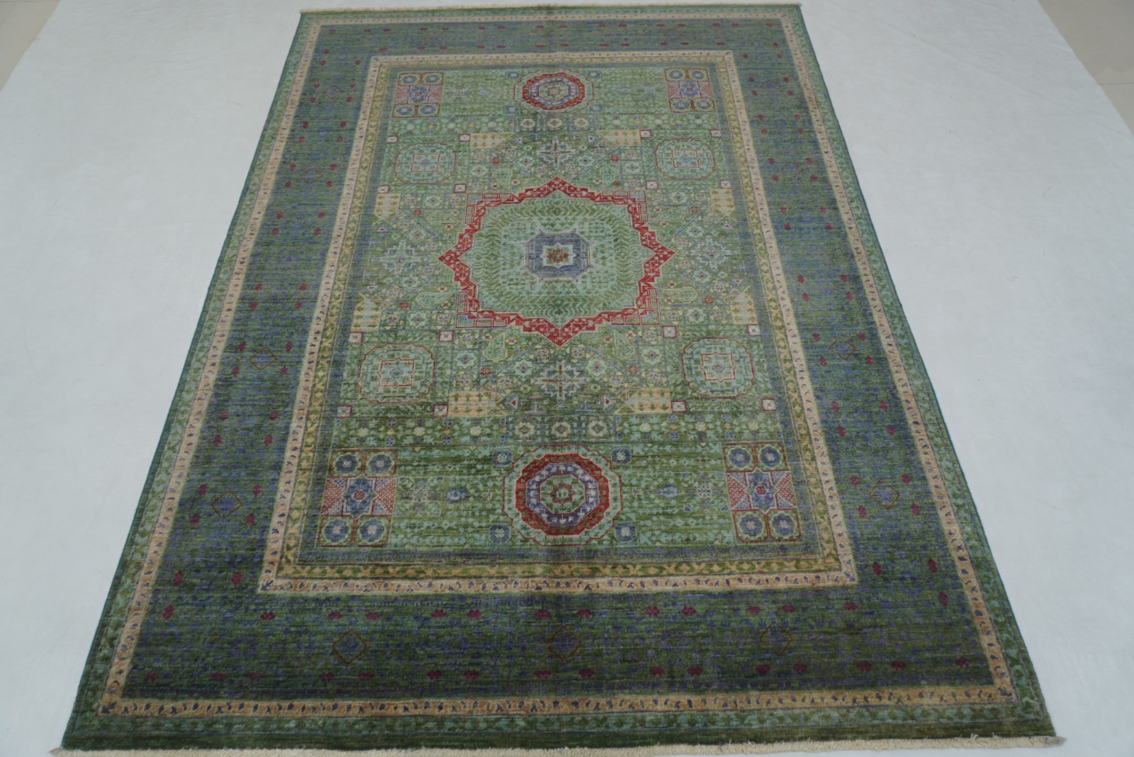 5×7 ft Green Mamluk Afghan Hand Knotted Wool Medallion Rug