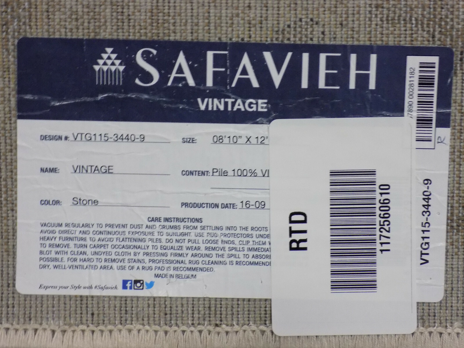 STONE 8′-10″ X 12′-2″ Stained Rug, Reduced Price 1172560610 VTG115-3440-9