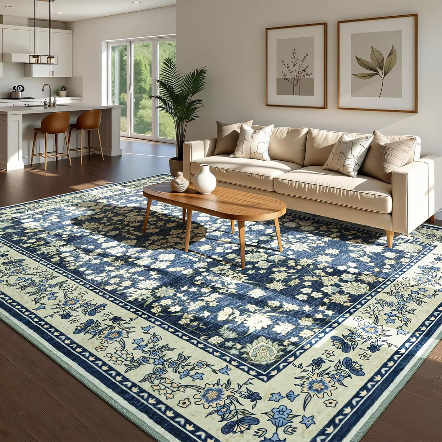 Washable Non-Slip 8×10 Rug for Living Room & Kitchen, Dark Blue & Green