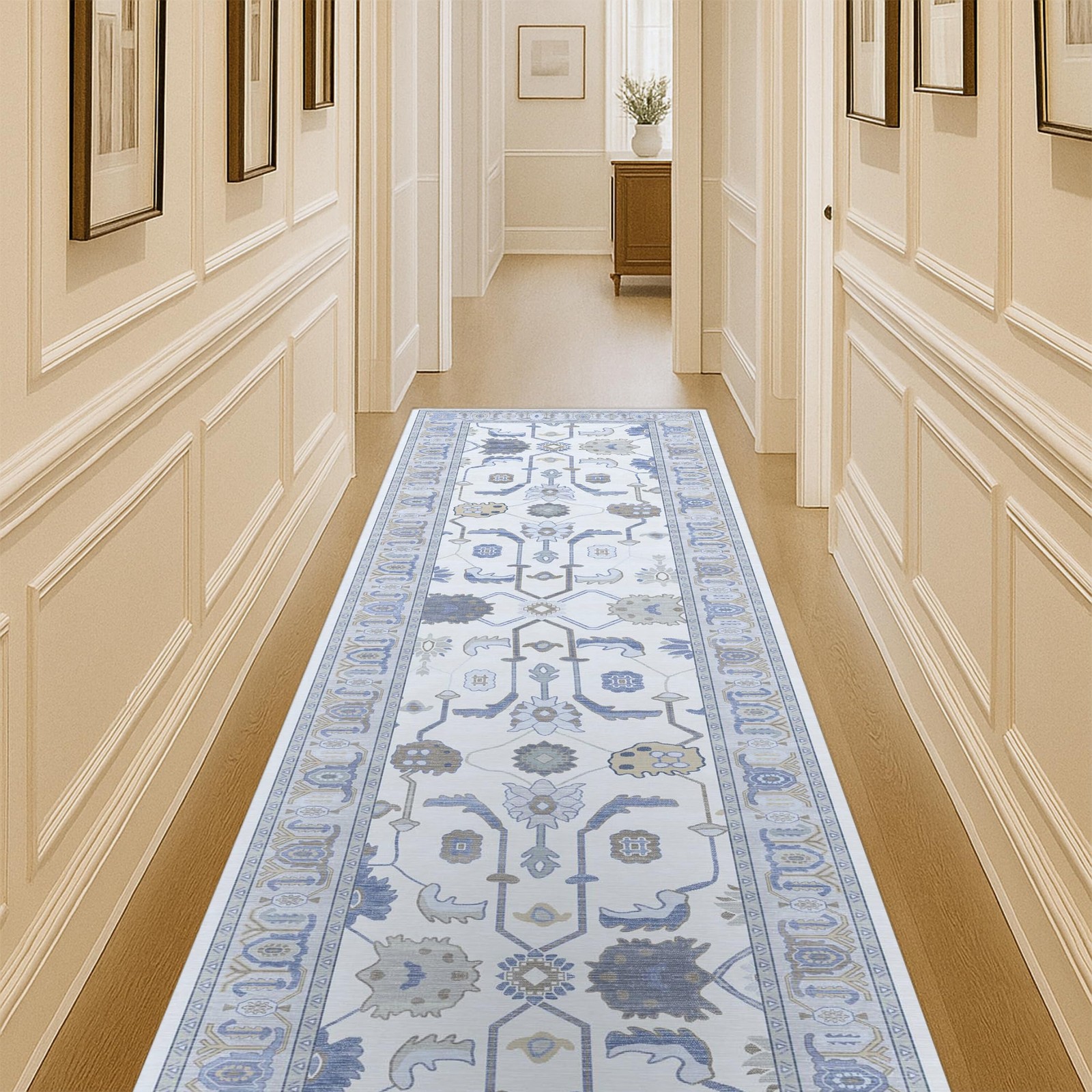 Fame Living Cream Blue Oushak Runner Rug Modern Runners Turkish Eclectic Floral