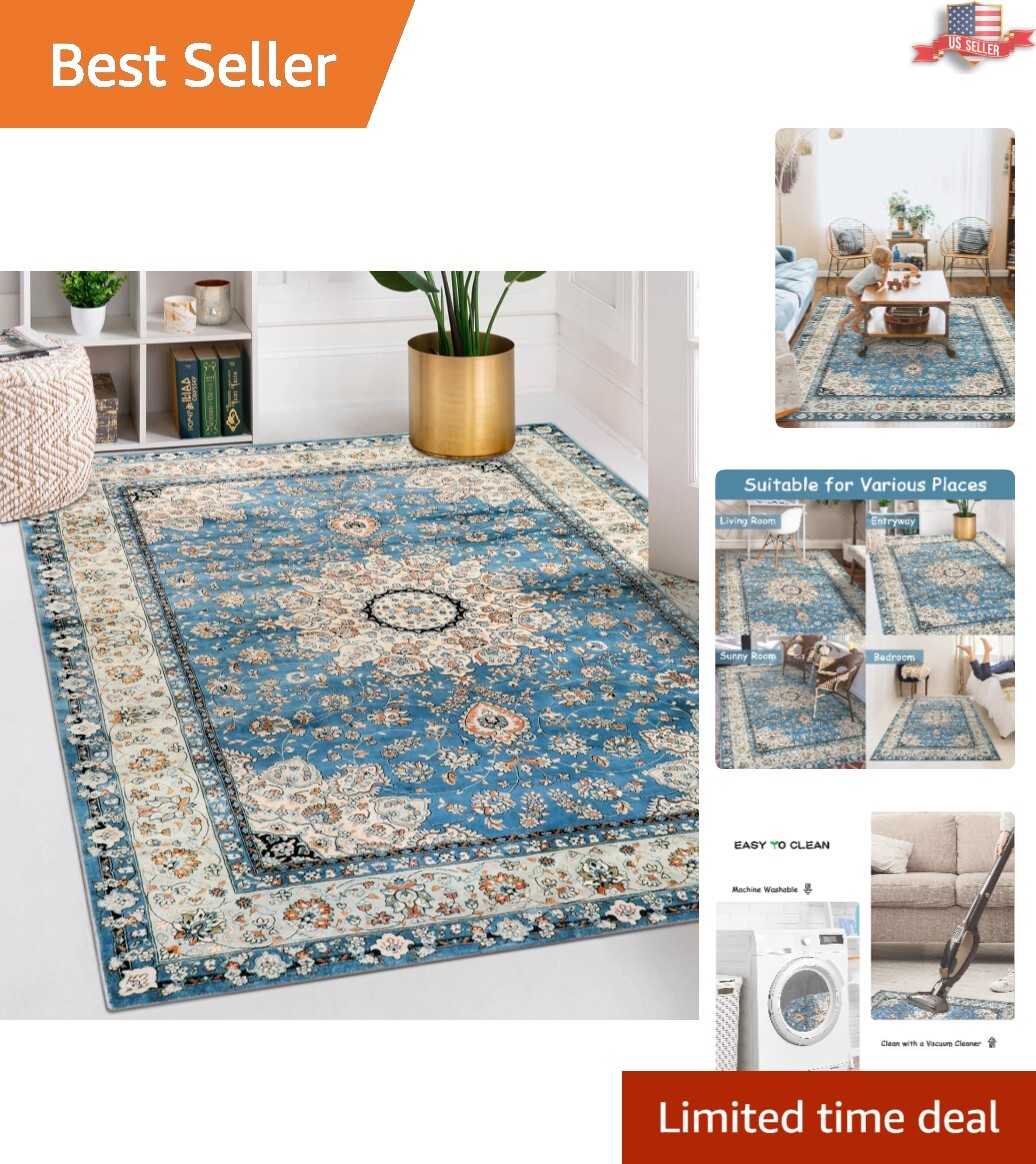 Machine Washable Blue Distressed Area Rug – Elegant 5×7 Bohemian Accent Rug