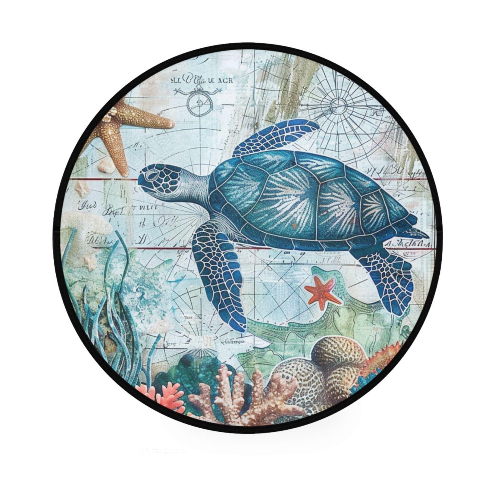 Sea Turtle Starfish Retro Map Round Area Rug Non Slip Round Rug Doormat Door …