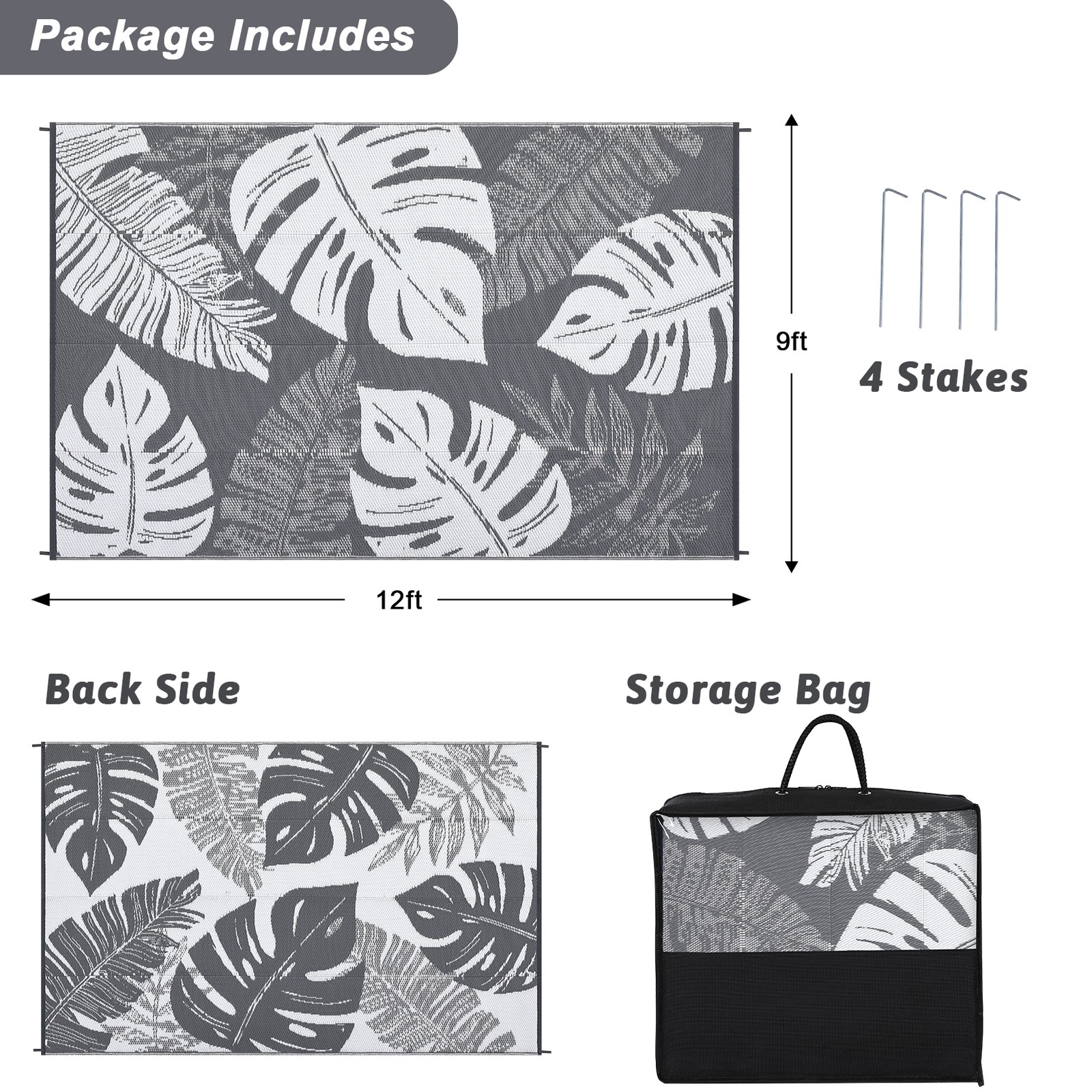 Outdoor Rug Plastic Straw Waterproof Patio Reversible Mat Leaf Outside Carpet