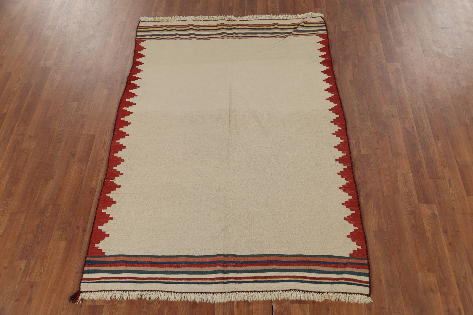 Nomadi Flat Pile Ivory Wool Kilim Reversible Rug 4×6 Hand woven Tribal Carpet