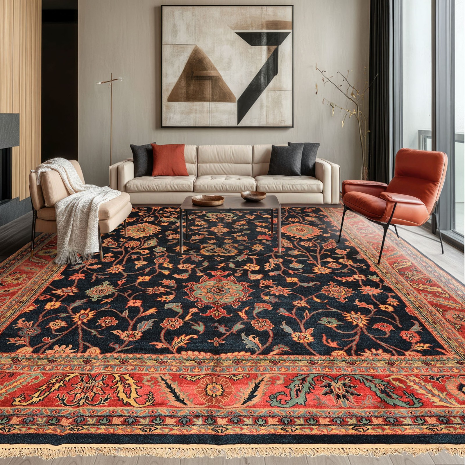 12’1”x17’6” Hand Knotted Wool Navy, Rose Indo Oushak Traditional Rug
