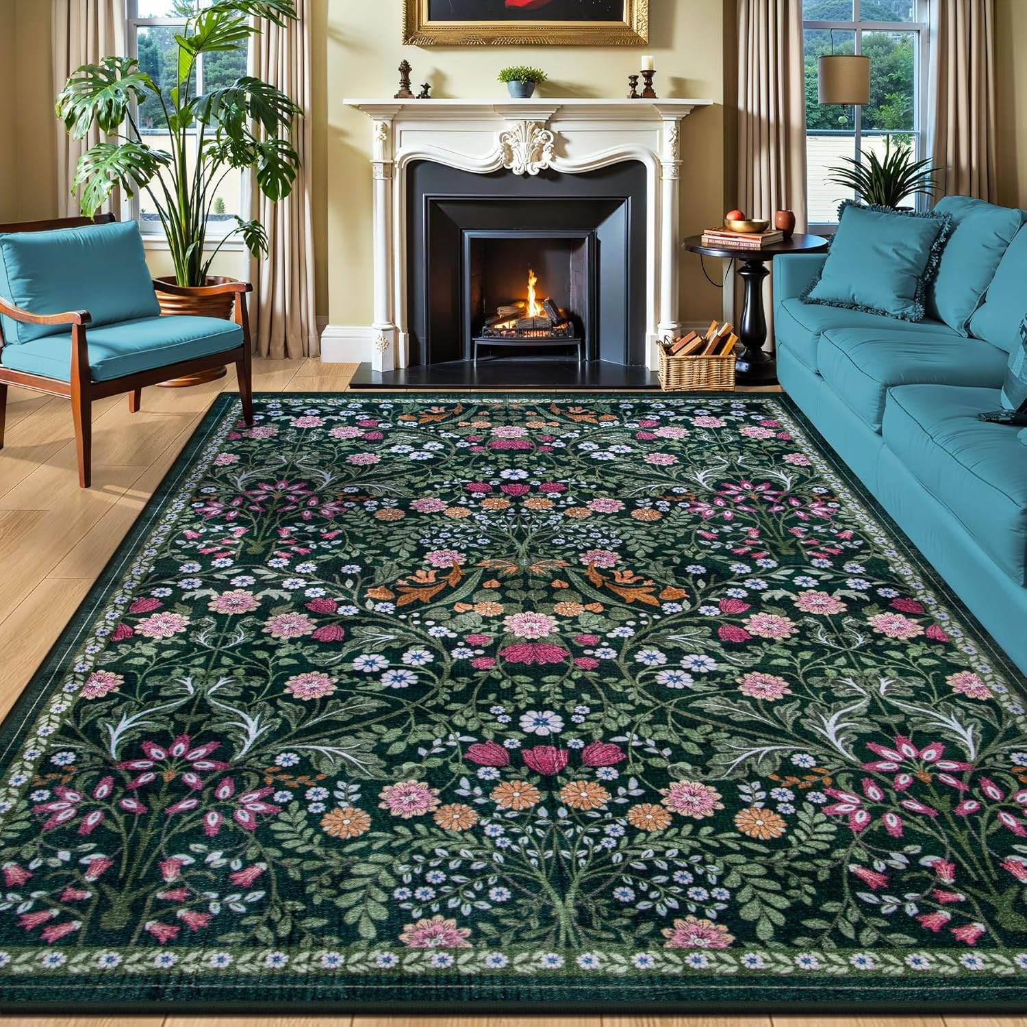 8X10 Area Rugs for Living Room: Floral Washable Rug Vintage Large Soft Boho Non