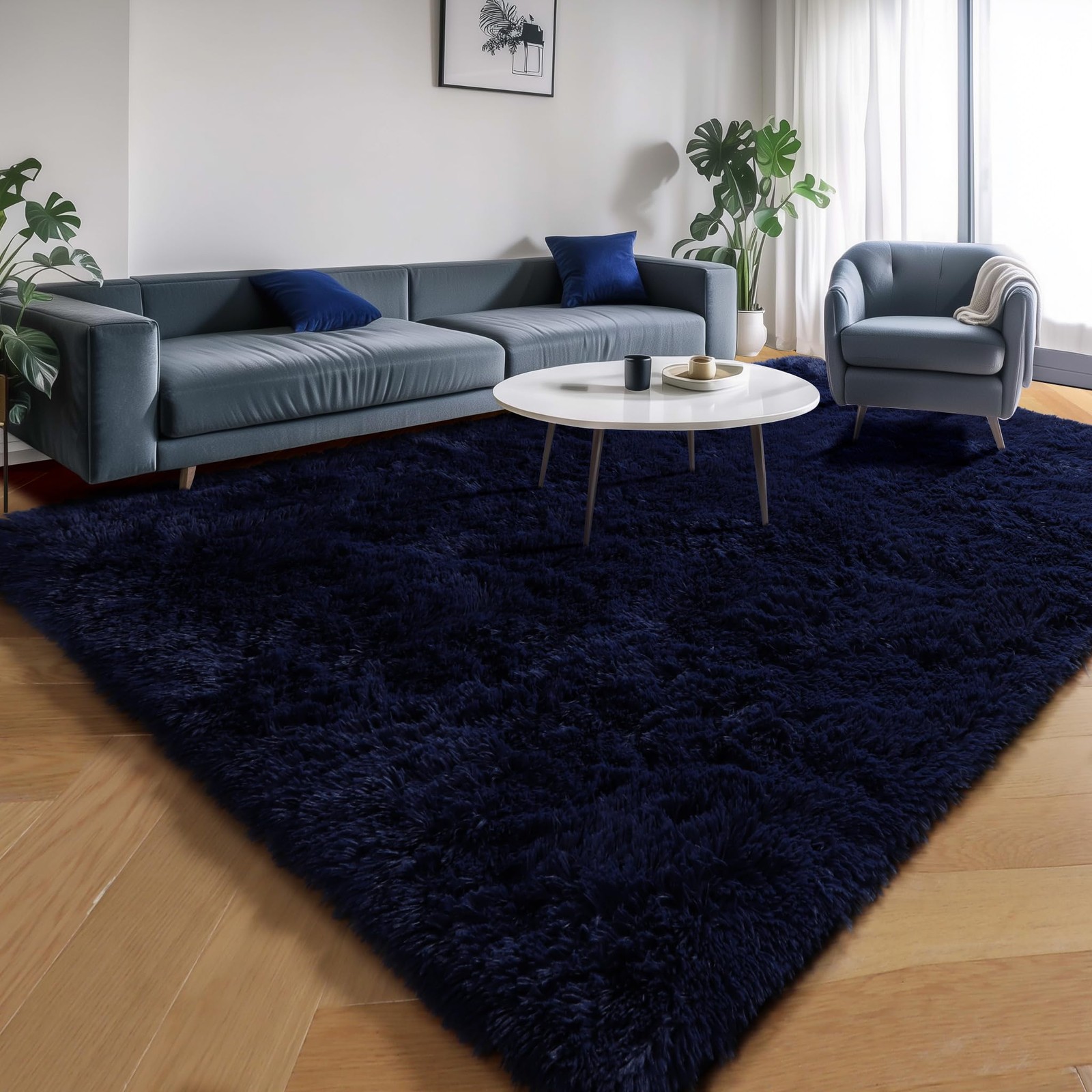 PAGISOFE Navy Blue Rug 4×6 Fluffy Dark Blue Bedroom Modern Indoor Carpet Soft