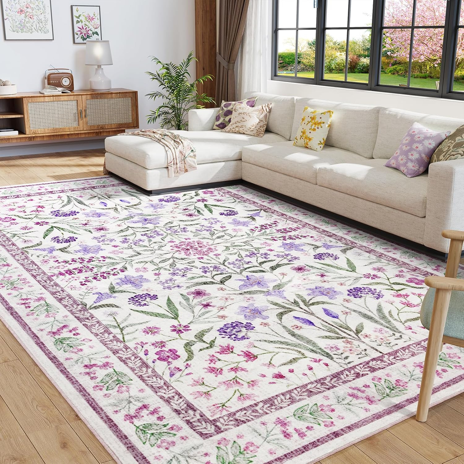 Floral 6X9 Feet Area Rug – Purple Vintage Carpet for Living Room & Kids Room