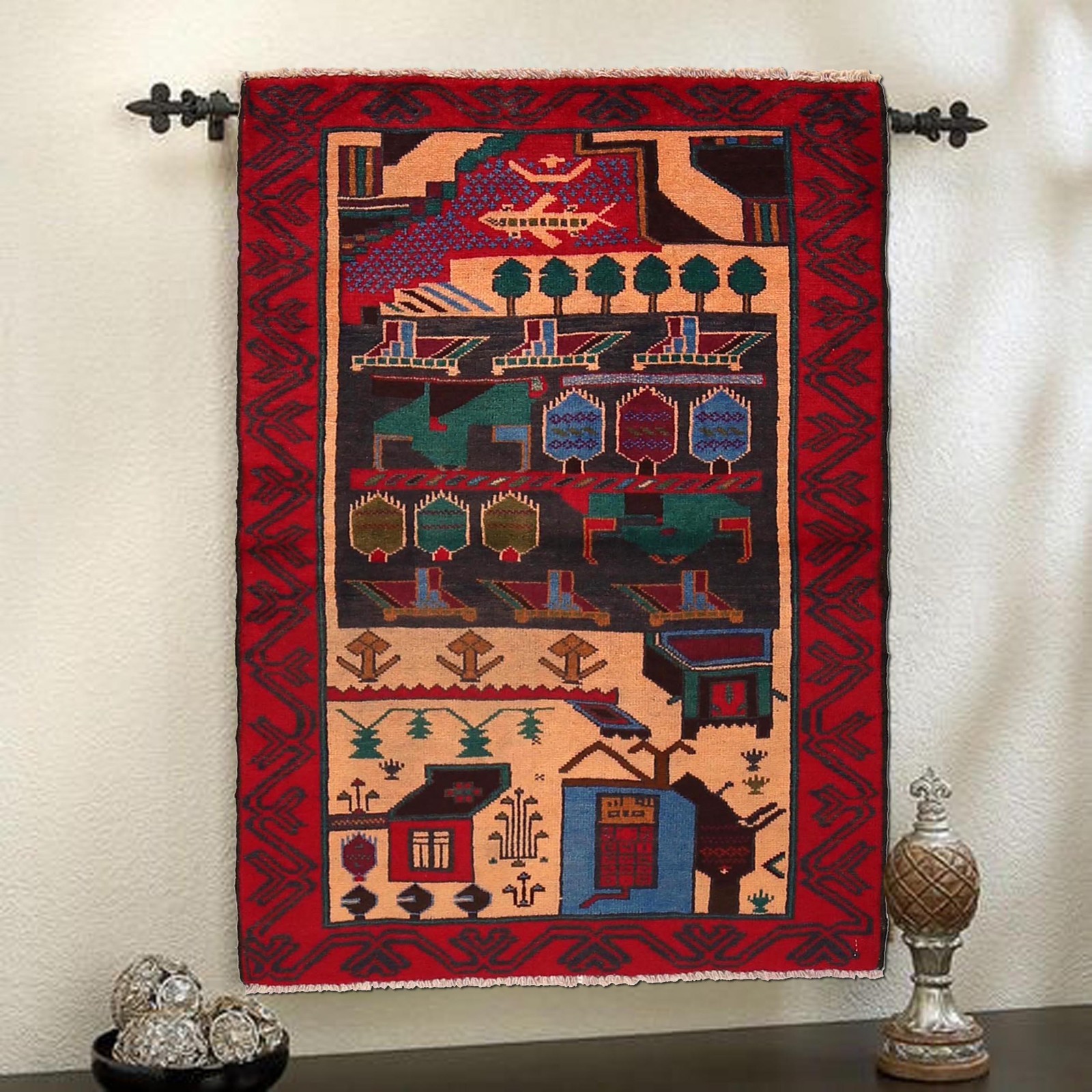 Tribal Afghan Pictorial Village Scenery Carpet Wool Rug Handmade 2’8×4’1ft 10255