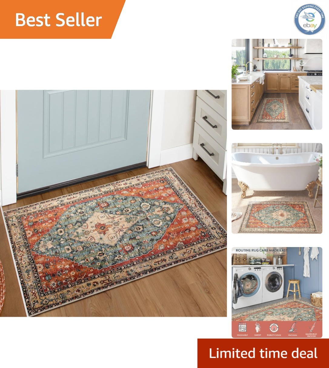 Geometric Tribal 2×3 Rug – Indoor Non-Slip, Machine Washable Design