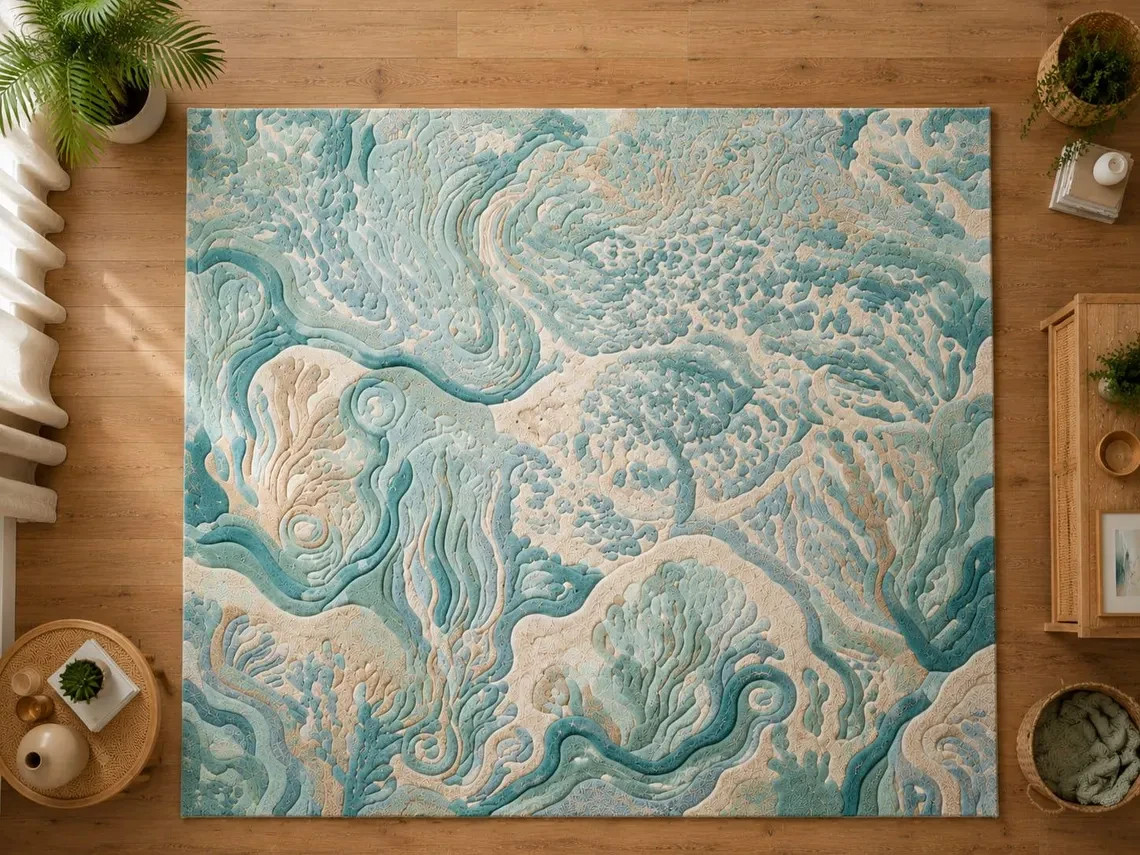 Ocean Breeze Coral Reef Hand Tufted Wool Rug – Luxury Coastal Area Rug Carpet.