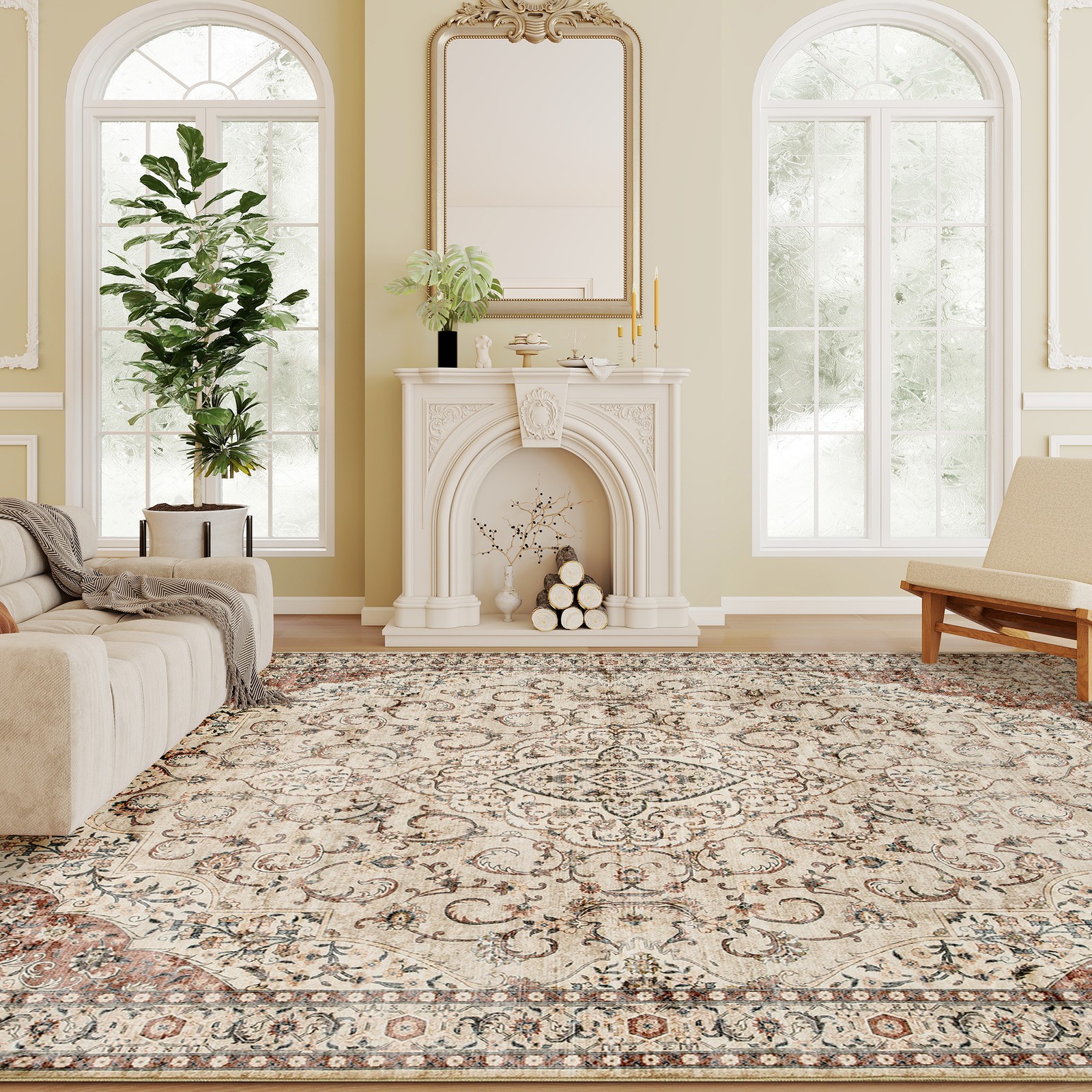 HOMCOM Machine Washable Area Rug 8×10, Non-Slip Floor Carpet, Mixed-Brown