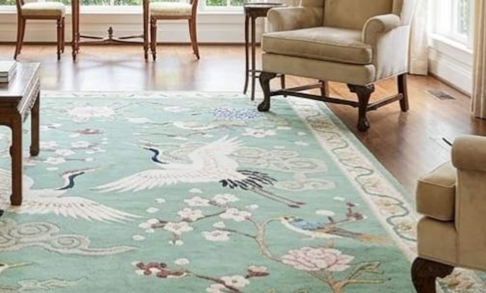 Sage Green Crane Rug Chinoiserie Seafoam Cherry Blossom Oriental Area Carpet