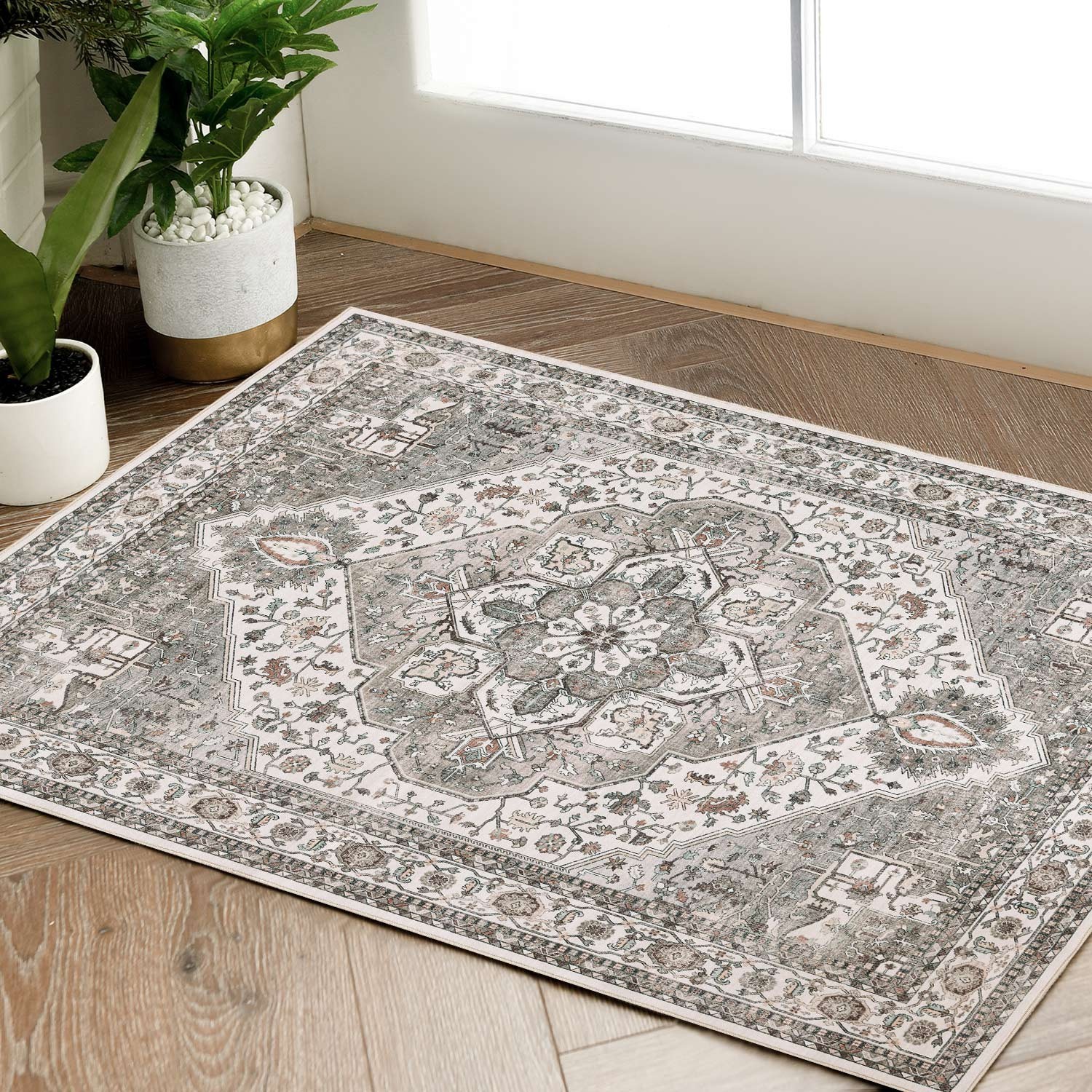 2×3 Vintage Distressed Area Rug Washable Non-Slip Entryway Gray Teal Pink