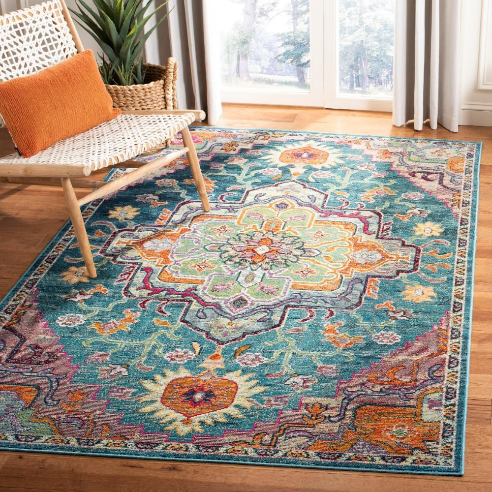 Crystal Collection Area Rug – 6’7″ X 9’2″, Teal & Rose, Medallion Distressed Des