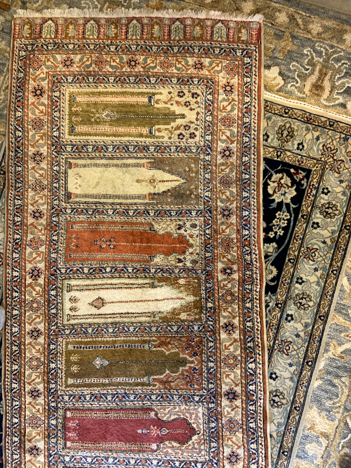 Vintage Silk Pryer Rug With Silk Pile Comes In 8 Mehrabs Made In Turkey.