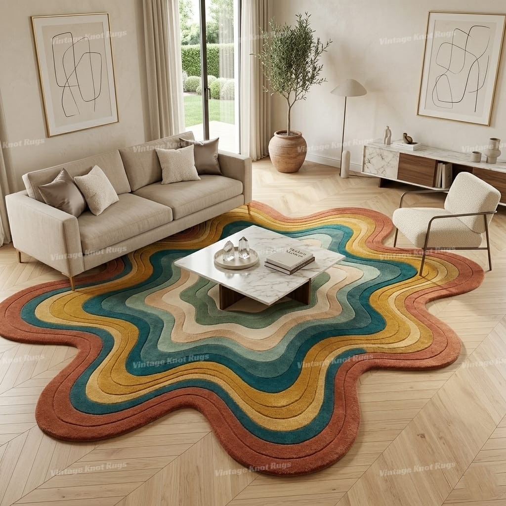 Hand Tufted Wool Area Rug 8×10 Abstract Wavy Modern Irregular Shape Plush Rug