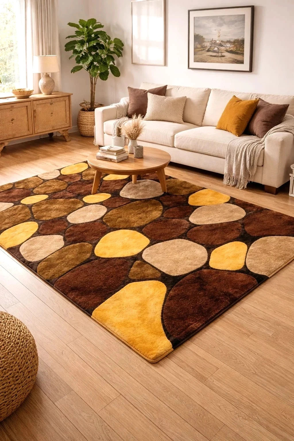 Modern Pebble Stone Hand Tufted Wool Rug Brown Beige Yellow Carpet Living Room