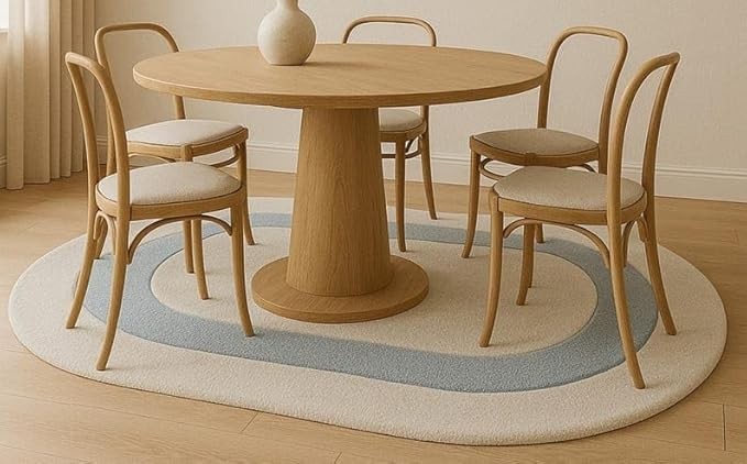 Modern Oval Area Rug, Hand Tufted Wool Carpet for Living Room, Cream and Blue