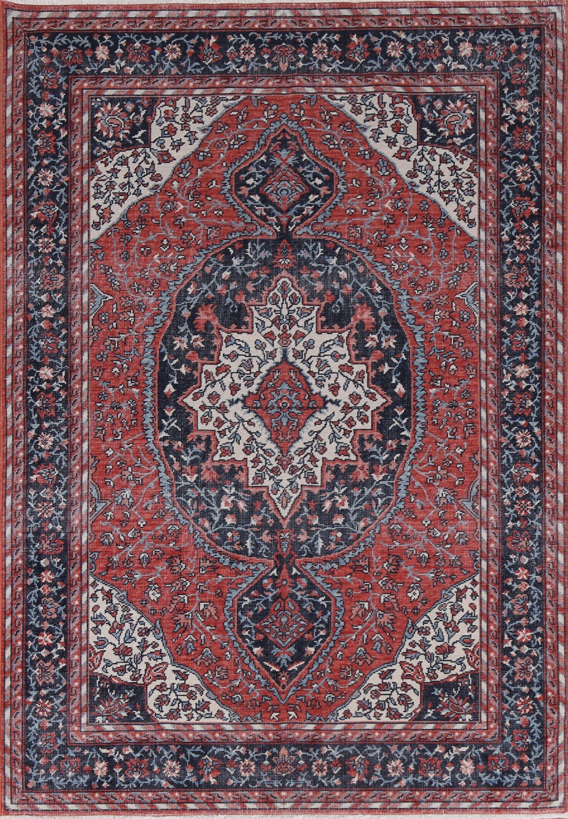 Red/ Navy Blue Sarouk Farahan Turkish Area Rug 5×7 Hand-knotted Oriental Carpet