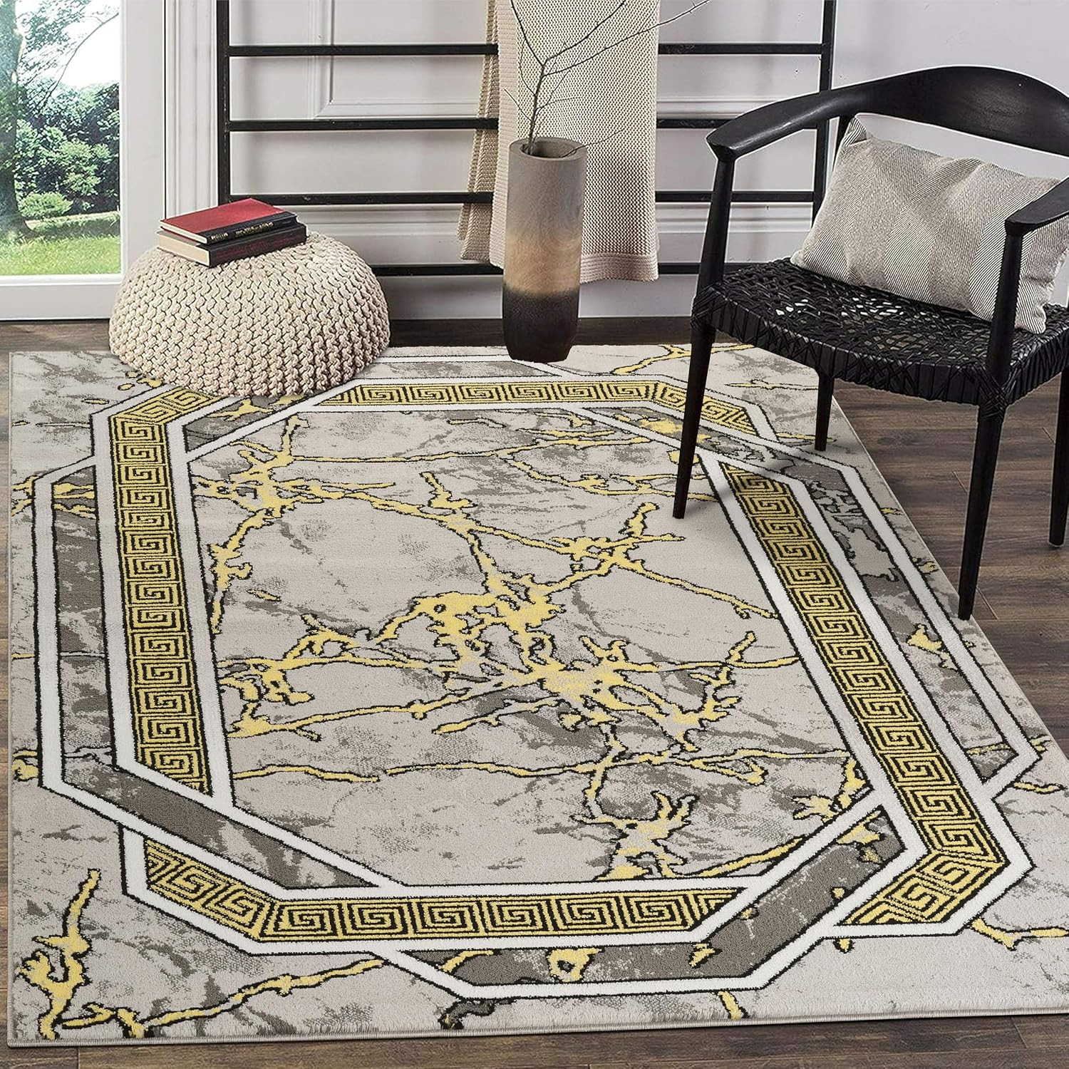 Area Rug Modern 2X3 Doormat Yellow Grey White Black Marble Soft Contemporary Flo
